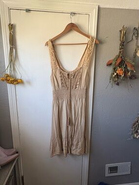 Earthbound Crochet-Front Sleeveless Dress in Camel